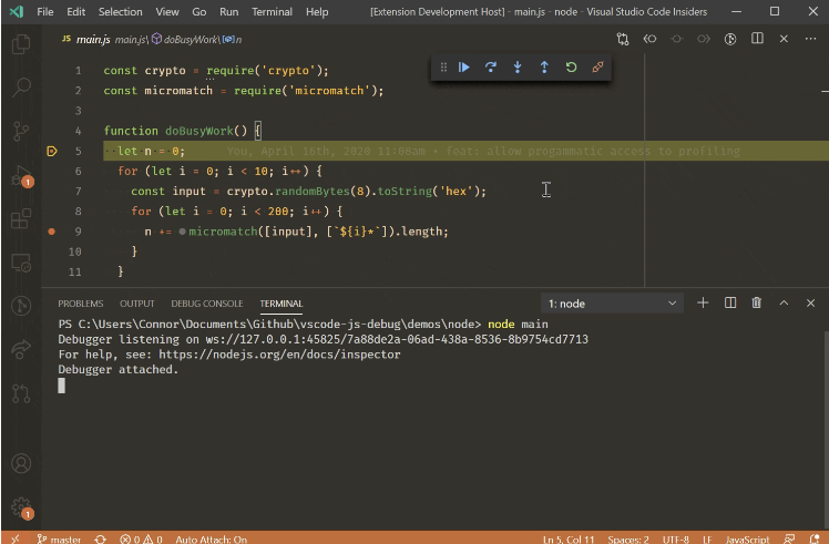 Active VS Code JavaScript Debugger